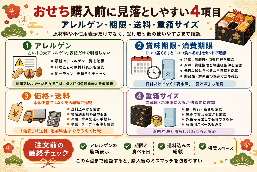 おせち購入前に見落としやすい4項目|アレルゲン・期限・送料・重箱サイズ