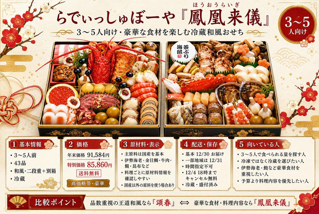らでぃっしゅぼーや「鳳凰来儀」|3~5人向け・豪華な食材を楽しむ冷蔵和風おせち