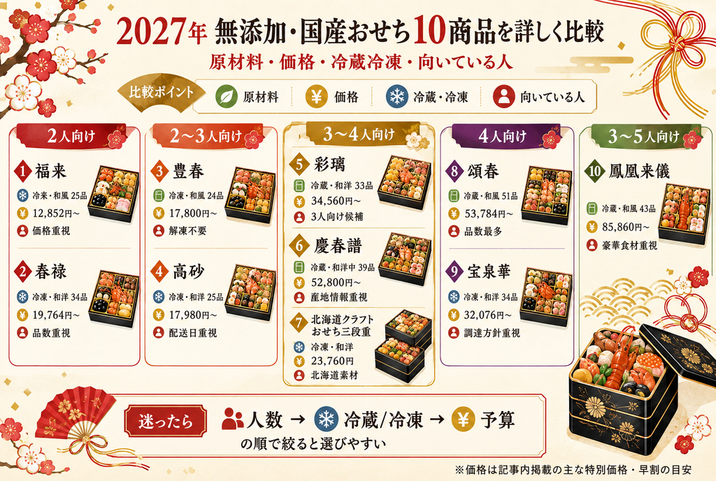 【2027年】無添加・国産おせち10商品を詳しく比較|原材料・価格・冷蔵冷凍・向いている人