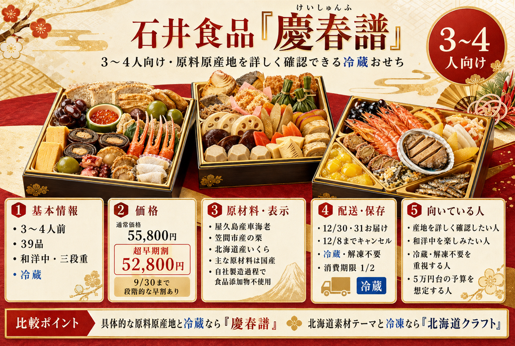 石井食品「慶春譜」|3~4人向け・原料原産地を詳しく確認できる冷蔵おせち